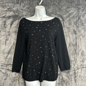 Ruby Rd  Women Medium Black Pullover Top Rhinestone 3/4 Sleeve Glam Party‎ Fairy